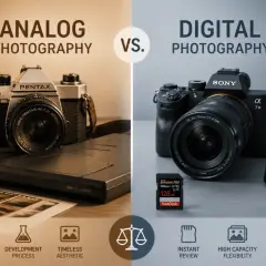 Analogowa fotografia z rolkami filmu i aparatem Pentax kontra cyfrowa z aparatem Sony i kartą pamięci.