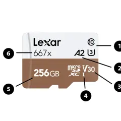 Lexar 256GB microSDXC karta z oznaczeniami klas prędkości SD: U3, V30, A2, 667x.