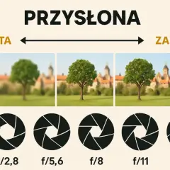 Ilustracja pokazuje, jak przysłona obiektywu wpływa na głębię ostrości. Od otwartej (f/1,4) do zamkniętej (f/16), ostrość zmienia się od rozmytego tła do całej sceny w ostrości.