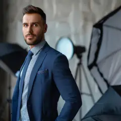 Elegancki mężczyzna w garniturze pozuje w studiu fotograficznym. W tle widać sprzęt oświetleniowy, idealny do stworzenia profesjonalnego packshotu i cennika.