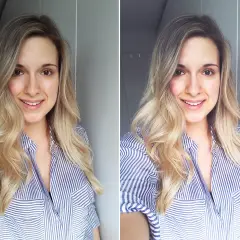 Uśmiechnięta blondynka w paski, jak zrobić idealne selfie. Dwa ujęcia tej samej dziewczyny, lekko różniące się kątem.