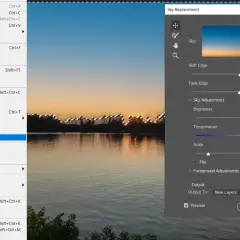 Program do edycji zdjęć z opcją "Sky Replacement" (wymiana nieba). Widok pokazuje menu kontekstowe, gdzie zaznaczono "Sky Replacement...", a po prawej panel z ustawieniami, gdzie można zmienić kolory nieba, tworząc efekt odwrócone kolory.