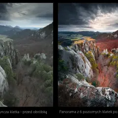 Porównanie zdjęcia przed i po obróbce. Po prawej stronie widać, jak rozjaśnić zdjęcie, ukazując malowniczy krajobraz górski z jesiennymi barwami.