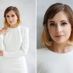 Elegancka kobieta w białej sukience pokazuje, jak pozować do zdjęć na stojąco, z dłonią na ramieniu.
