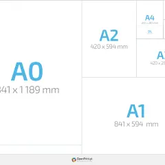 Porównanie rozmiarów papieru A0, A1, A2, A3, A4, A5, A6 i DL. Wymiary podane w milimetrach.