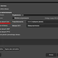 Zapisanie danych Exif jest zaznaczone. Ustawienia zaawansowane obejmują podpróbkowanie 4:4:4 i metodę DCT.