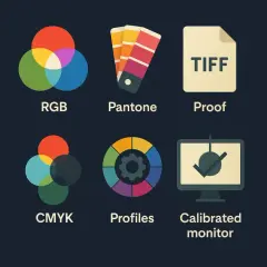 Ikony graficzne: RGB, Pantone, Proof, CMYK, Profiles, Calibrated monitor. Zestaw narzędzi do projektowania graficznego.