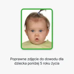 Urocze zdjęcie niemowlaka do dowodu, z niebieskimi oczami i kucykiem. Idealne dla dziecka poniżej 5 roku życia.
