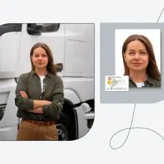 Kobieta kierowca przed ciężarówką i jej zdjęcie do karty kierowcy.