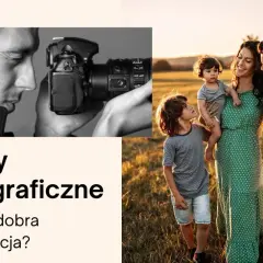 Kursy fotograficzne: mężczyzna z aparatem i szczęśliwa rodzina na tle zachodzącego słońca.