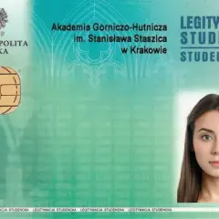 Legitymacja studencka AGH w Krakowie z wizerunkiem młodej kobiety, idealna do dokumentów o wymiary zdjęcia do legitymacji.