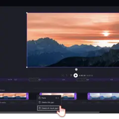 Edytor wideo Clipchamp. Tworzenie pokazu slajdów z górskim krajobrazem o wschodzie słońca, przypominającego time lapse.