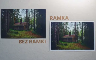 Dwa zdjęcia leśnej chatki: jedno bez ramki, drugie w ramce. Zastanawiasz się, ile kosztuje wywołanie zdjęcia?