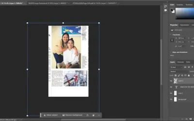 Jak zmienić rozmiar zdjęcia w programie graficznym: widok warstw, panel transformacji z polami W i H do wprowadzania nowych wymiarów.