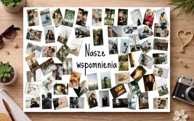 Jak zrobić kolaż ze zdjęć? Na białej tablicy ułożono wiele fotografii przedstawiających pary, rodziny i bliskie chwile.