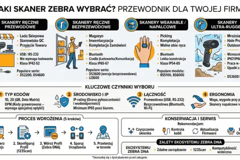 Jaki skaner Zebra wybrać? Przewodnik po typach: ręczne przewodowe, bezprzewodowe, napalcowe i ultra-rugged.
