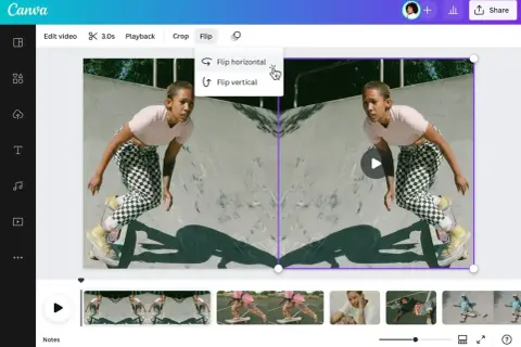 Jak zrobić odbicie lustrzane zdjęcia w telefonie? W Canvie wybierz "Flip", a następnie "Flip horizontal", by uzyskać efekt lustrzanego odbicia.