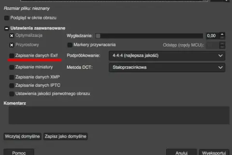Zapisanie danych Exif jest zaznaczone. Ustawienia zaawansowane obejmują podpróbkowanie 4:4:4 i metodę DCT.