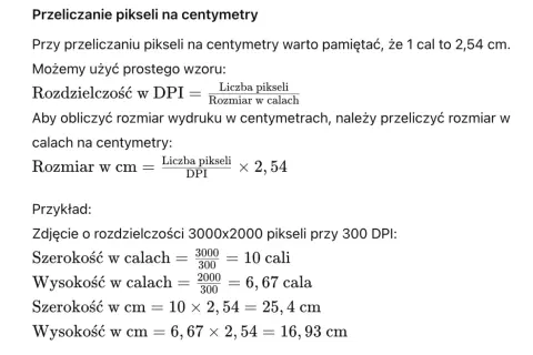 Obliczenia rozmiaru wydruku w cm przy 300 DPI. Zdjęcie 3000x2000 pikseli ma szerokość 25,4 cm i wysokość 16,93 cm.