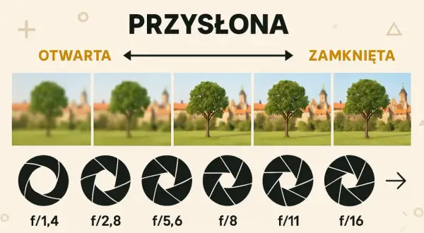 Efekt głębi ostrości przy różnych wartościach przysłony: od rozmytego f/1,4 do ostrego f/16.