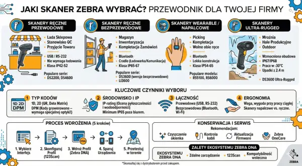 Jaki skaner Zebra wybrać? Przewodnik po typach: ręczne przewodowe, bezprzewodowe, napalcowe i ultra-rugged.