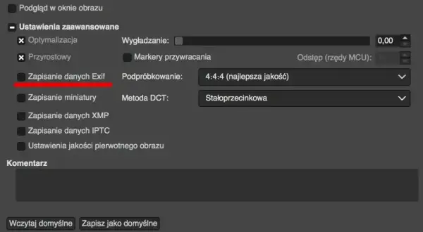 Zapisanie danych Exif jest zaznaczone. Ustawienia zaawansowane obejmują podpróbkowanie 4:4:4 i metodę DCT.