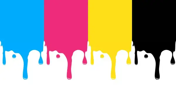 Kolory CMYK: cyjan, magenta, żółty i czarny spływają jak farba. Idealne do druku.