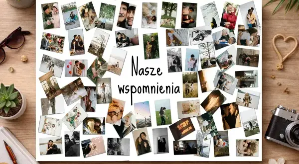 Jak zrobić kolaż ze zdjęć? Na białej tablicy ułożono wiele fotografii przedstawiających pary, rodziny i bliskie chwile.