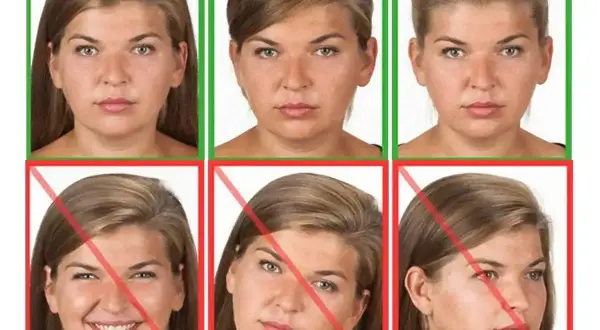 Zdjęcie pokazuje, czy do zdjęcia do dowodu można mieć kolczyki. Dwie górne fotki są akceptowalne, dolne trzy odrzucone.
