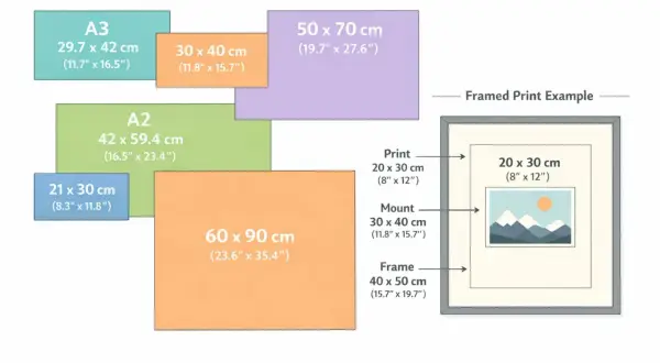 Porównanie rozmiarów wydruków i ram. Wymiary kartki A5 (14.8 x 21 cm) nie są bezpośrednio pokazane, ale można je porównać z innymi formatami.