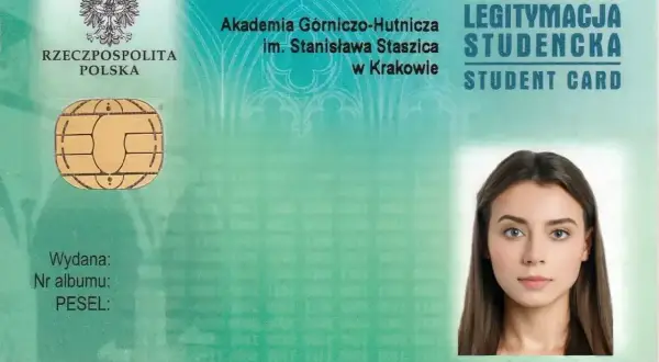 Legitymacja studencka AGH w Krakowie z wizerunkiem młodej kobiety, idealna do dokumentów o wymiary zdjęcia do legitymacji.