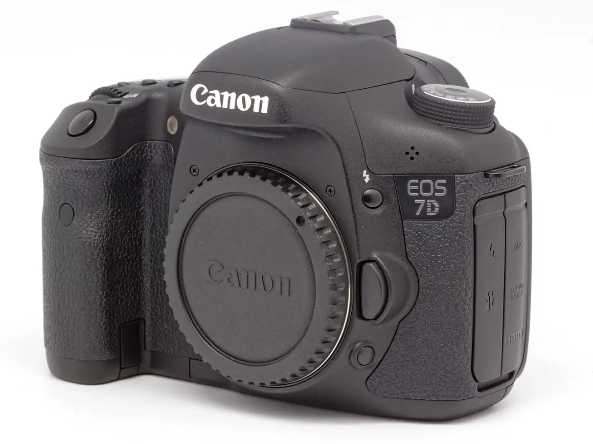 Czarny aparat Canon EOS 7D z obiektywem na białym tle.