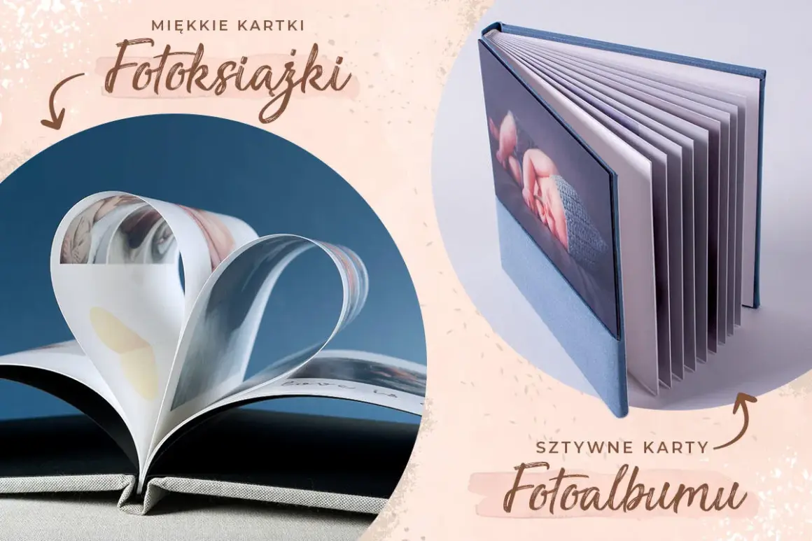 Miękkie kartki fotoksiążki tworzą serce, a sztywne karty fotoalbumu prezentują zdjęcie noworodka.