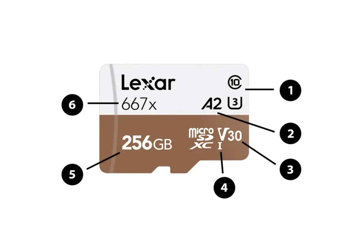 Lexar 256GB microSDXC karta z oznaczeniami klas prędkości SD: U3, V30, A2, 667x.