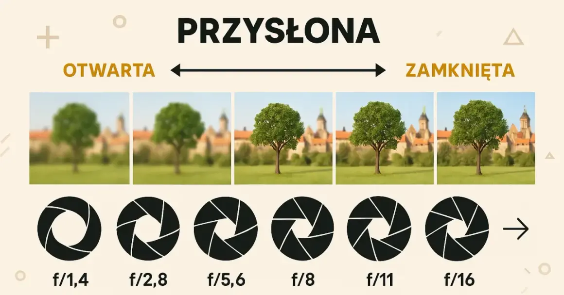 Ilustracja pokazuje, jak przysłona obiektywu wpływa na głębię ostrości. Od otwartej (f/1,4) do zamkniętej (f/16), ostrość zmienia się od rozmytego tła do całej sceny w ostrości.