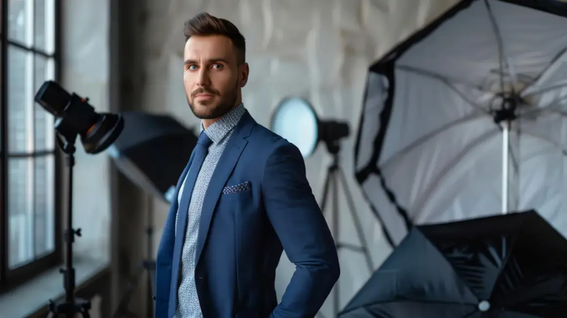 Elegancki mężczyzna w garniturze pozuje w studiu fotograficznym. W tle widać sprzęt oświetleniowy, idealny do stworzenia profesjonalnego packshotu i cennika.