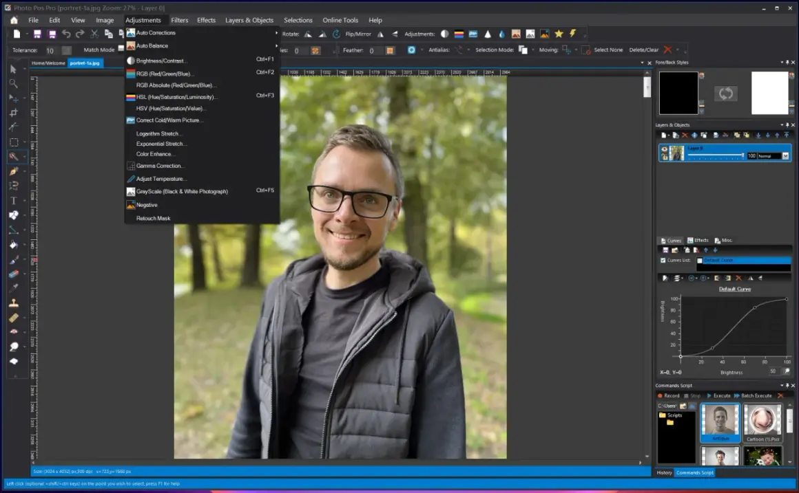 Program do oglądania zdjęć. Na ekranie widać interfejs programu do edycji zdjęć, z otwartym menu "Adjustments" i podglądem portretu mężczyzny.