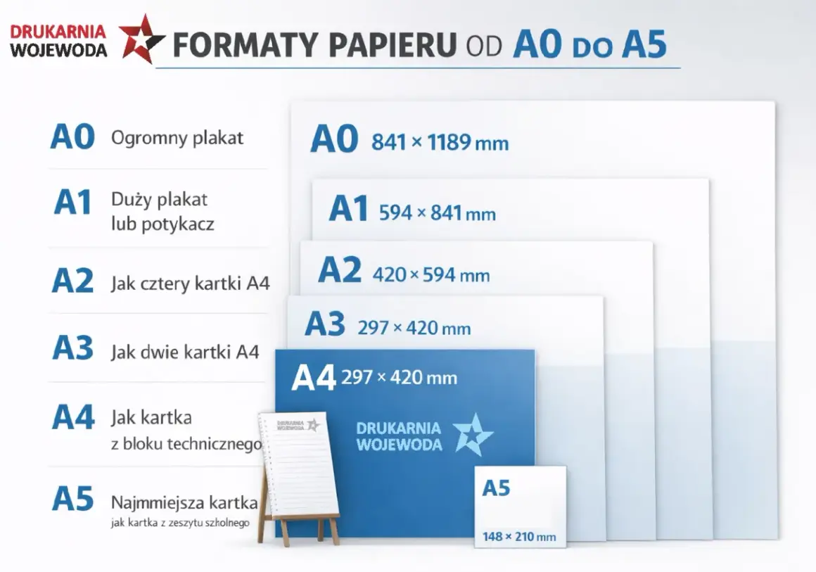 Porównanie rozmiarów zdjęć od A0 do A5. Wykres pokazuje formaty papieru i ich wymiary.