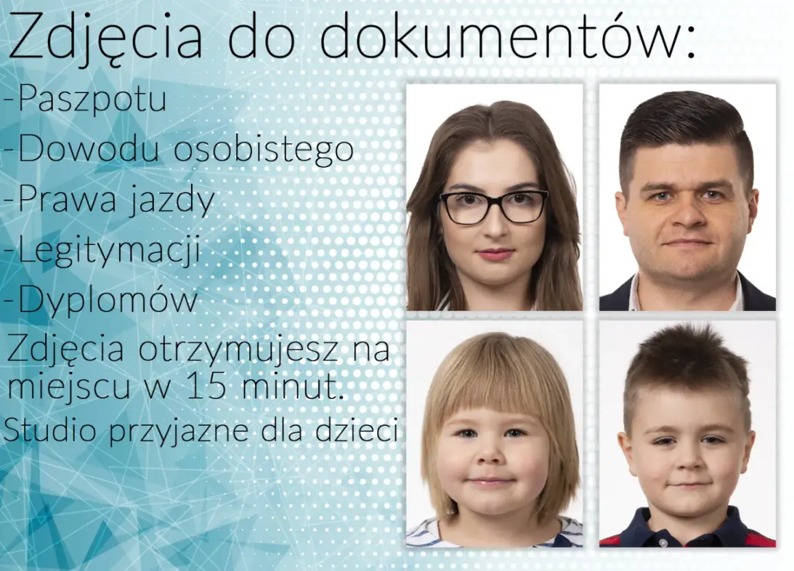 Zdjęcia do dowodu osobistego mogą być w okularach, jak na przykładzie kobiety. Dostępne też zdjęcia do paszportu, prawa jazdy, legitymacji, dyplomów.