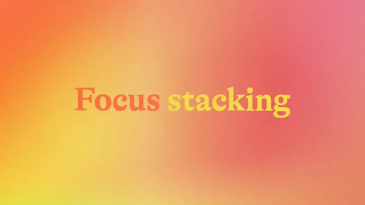 Napis "Focus stacking" na tle gradientu od pomarańczowego do różowego. Technika ta pozwala uzyskać ostrość na całym kadrze.