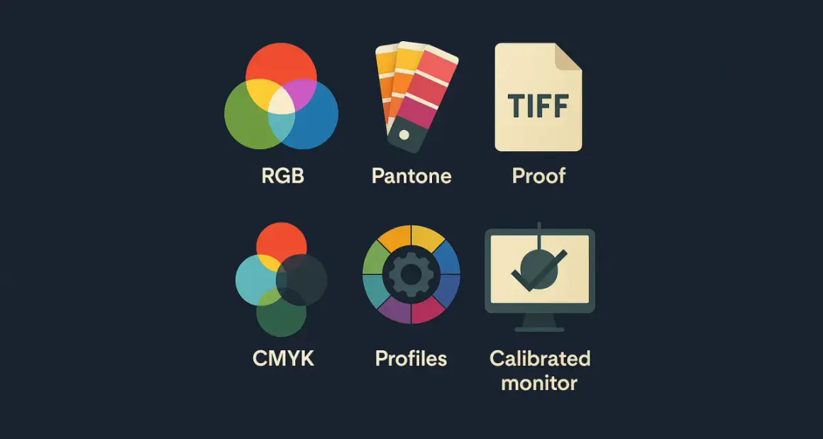 Ikony graficzne: RGB, Pantone, Proof, CMYK, Profiles, Calibrated monitor. Zestaw narzędzi do projektowania graficznego.