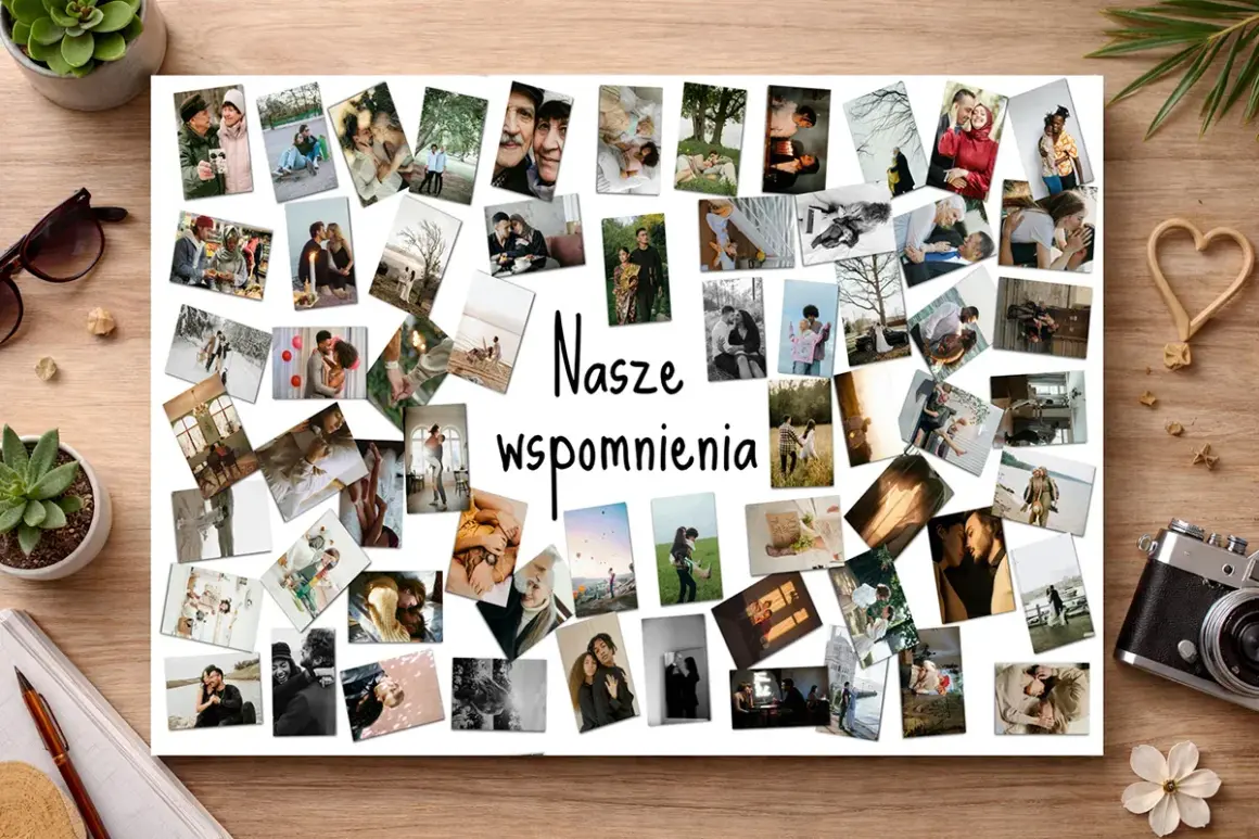 Fotokolaż "Nasze wspomnienia" z licznymi zdjęciami par, rodzin i przyjaciół, uchwyconymi w różnych momentach życia.