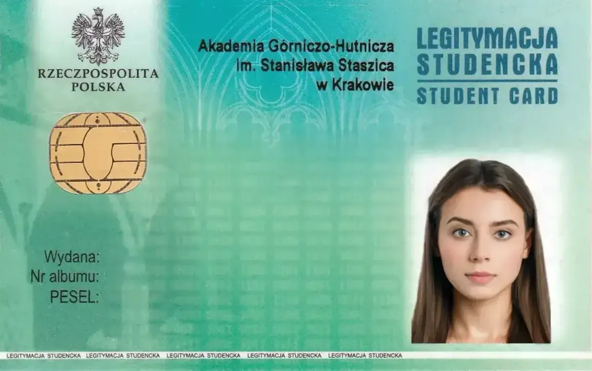 Legitymacja studencka AGH w Krakowie z wizerunkiem młodej kobiety, idealna do dokumentów o wymiary zdjęcia do legitymacji.