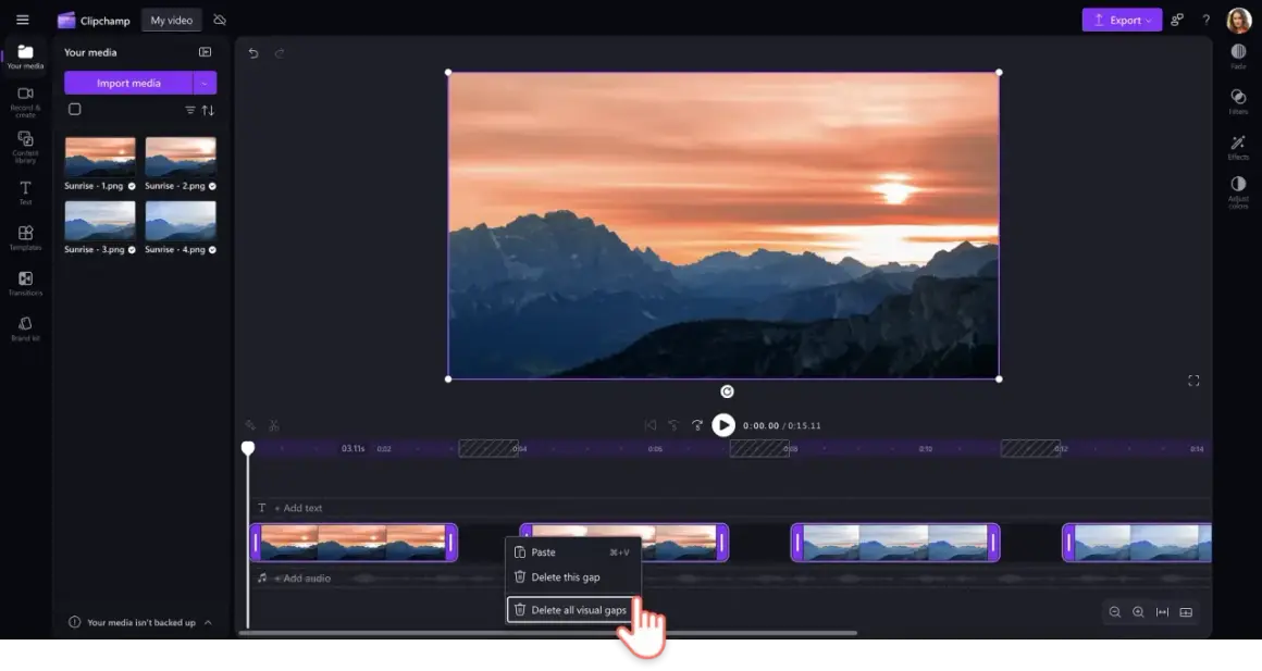 Edytor wideo Clipchamp. Tworzenie pokazu slajdów z górskim krajobrazem o wschodzie słońca, przypominającego time lapse.