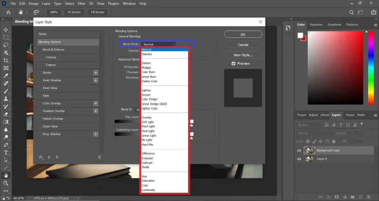 Photoshop blending modes options