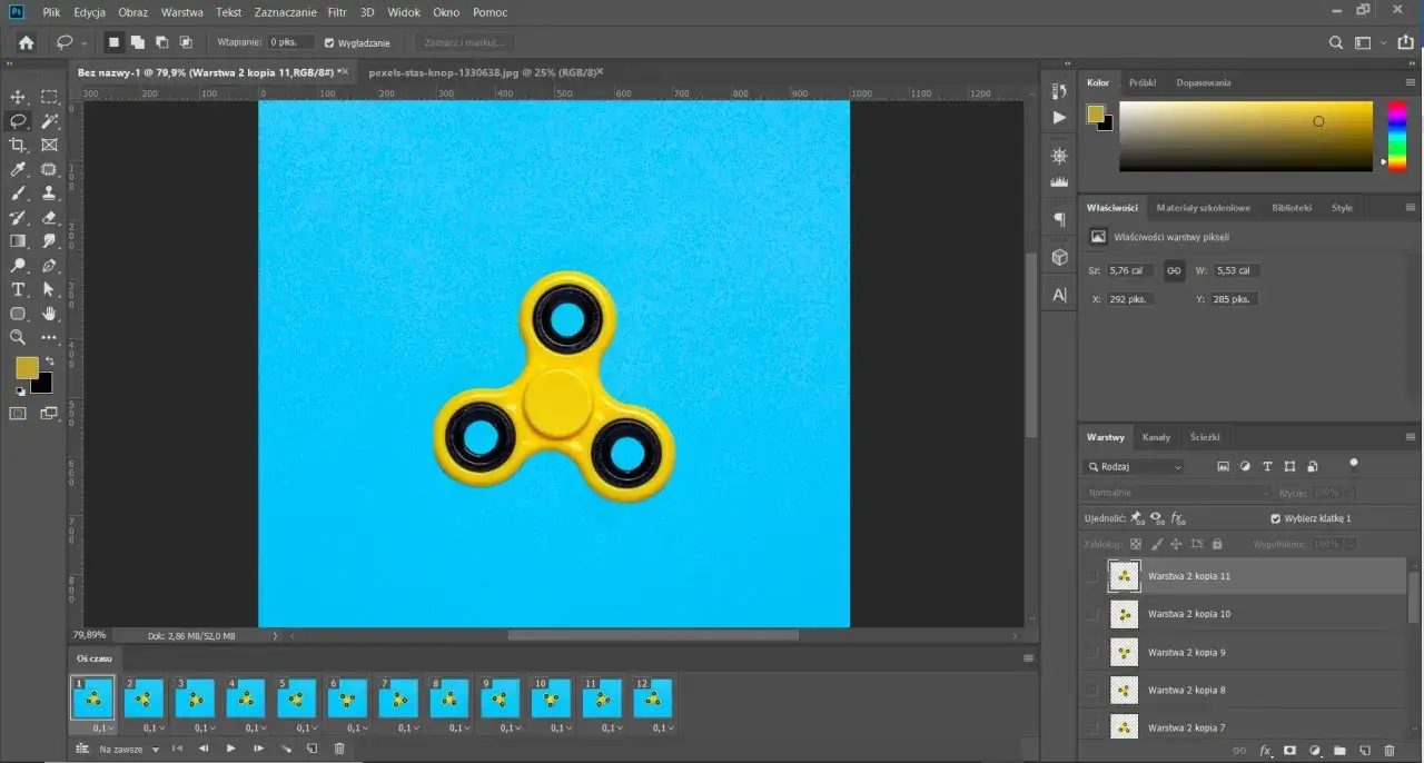 Adobe Photoshop interfejs z panelem Timeline