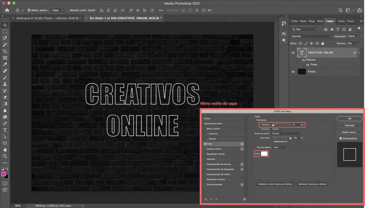Zrzut ekranu Photoshop styl warstwy obrys