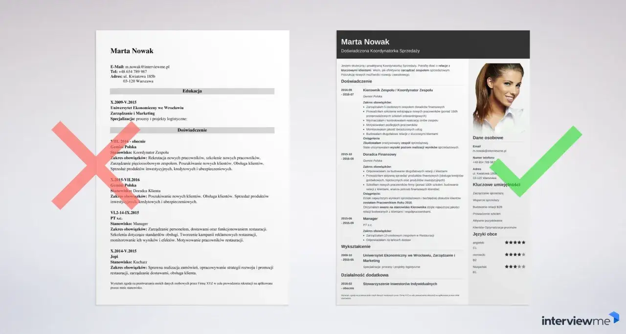 CV Marty Nowak z jej zdjęciem, danymi kontaktowymi i doświadczeniem zawodowym. Dowiedz się, jak wkleić zdjęcie do CV.