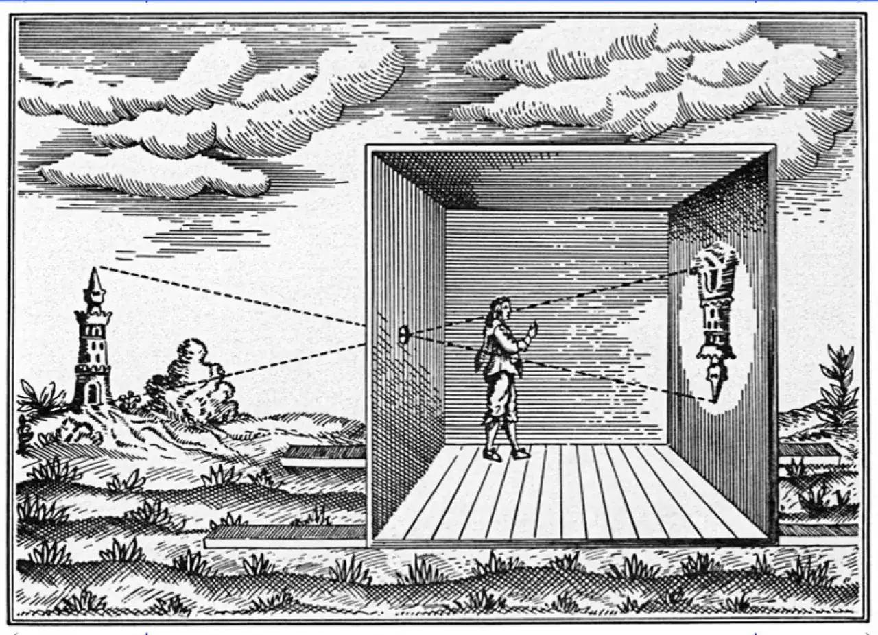 Ilustracja przedstawia camera obscura, czyli pierwszy aparat fotograficzny. Widać wieżę i odbicie jej wewnątrz ciemnego pomieszczenia.