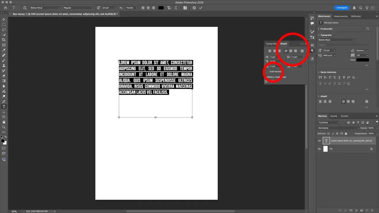 Photoshop narzędzie Tekst akapitowy vs tekst punktowy